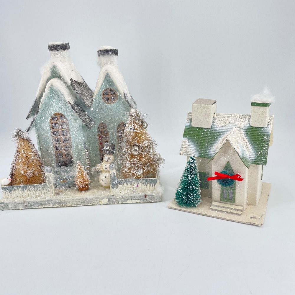 Retro Cardboard Christmas Houses Glitter Snowman Bottle Brush Trees Light hole